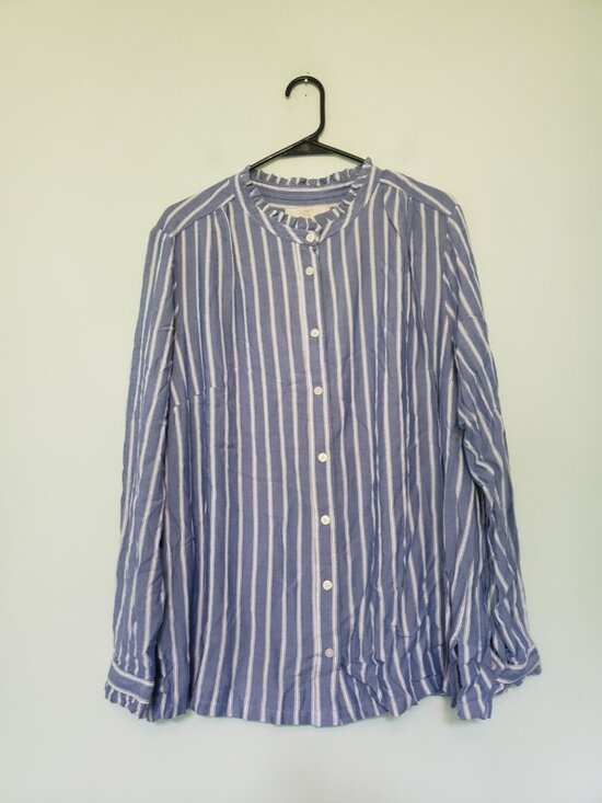 LOFT Tops - Loft Womens Plus 16 Blouse Button Up High Collar Ruffle Blue Stripe Career NWT
